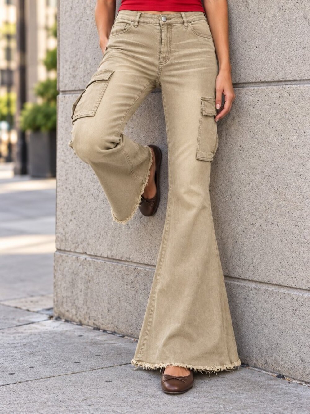 BiBi Cargo Denim Beige Raw Hem Flare Size Medium Women's
